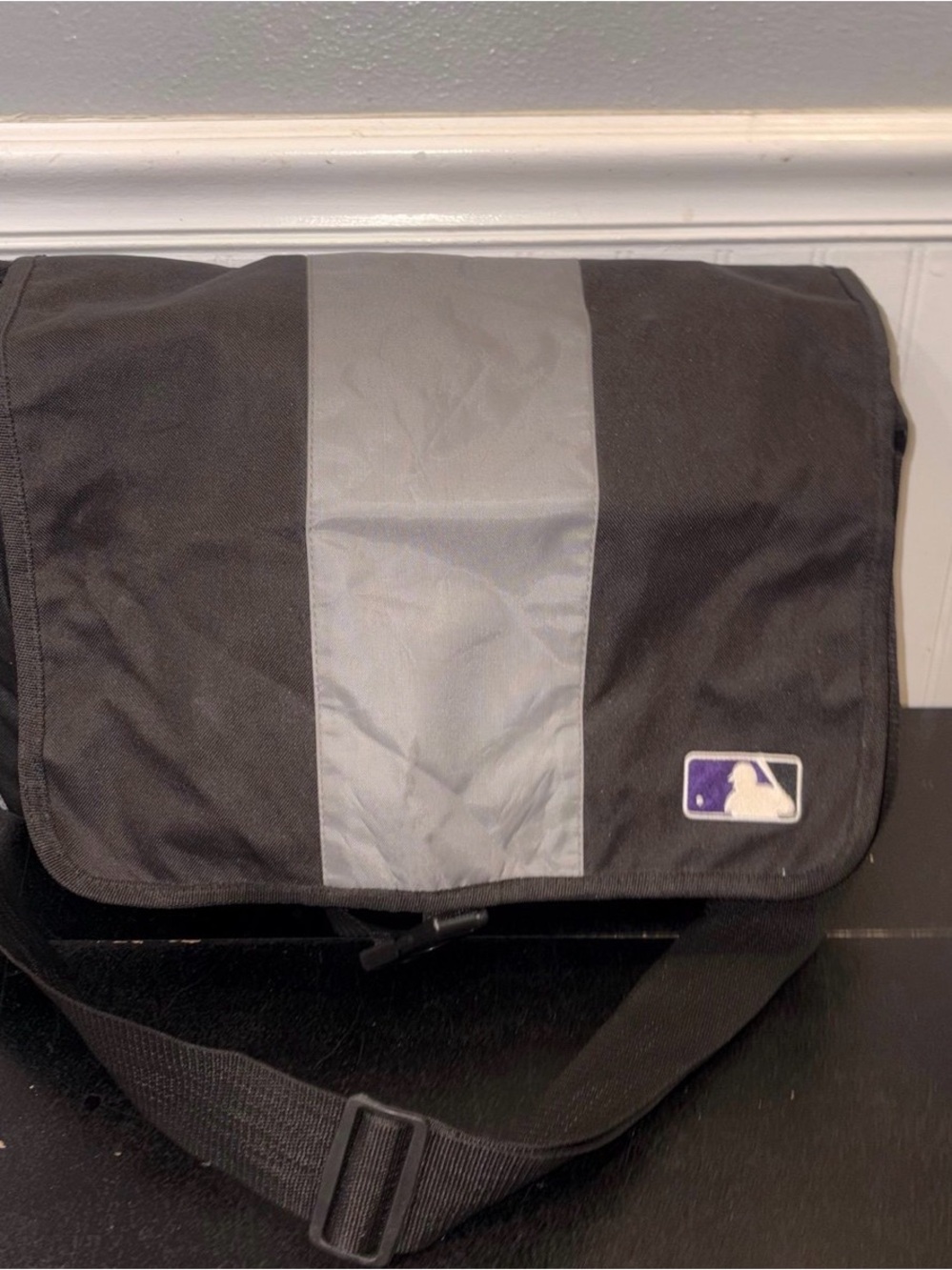 MLB Messenger Bag Black GrayMLB Messenger Bag Black Gray Stripe Adjustable Strap